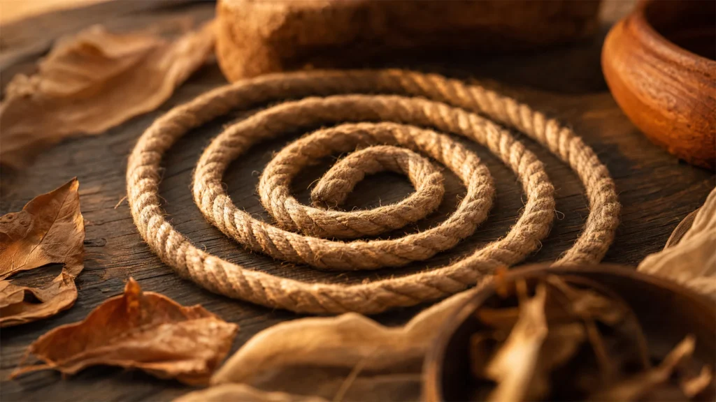 Cuerda de yute natural en espiral sobre superficie de madera oscura. Representación conceptual de la intensidad y la conciencia en el Shibari Tántrico y el Vijnana Bhairava Tantra