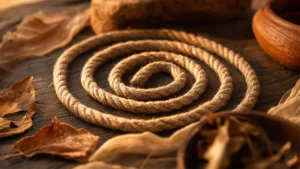 Cuerda de yute natural en espiral sobre superficie de madera oscura. Representación conceptual de la intensidad y la conciencia en el Shibari Tántrico y el Vijnana Bhairava Tantra